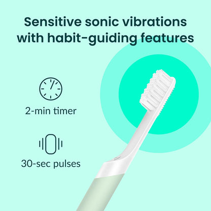 Quip Plastic Sonic Electric Toothbrush for Adults - Time Travel & Soft Bristles with Travel Case & Replacement Brush Head - 3 Month Battery Life - Sage Green