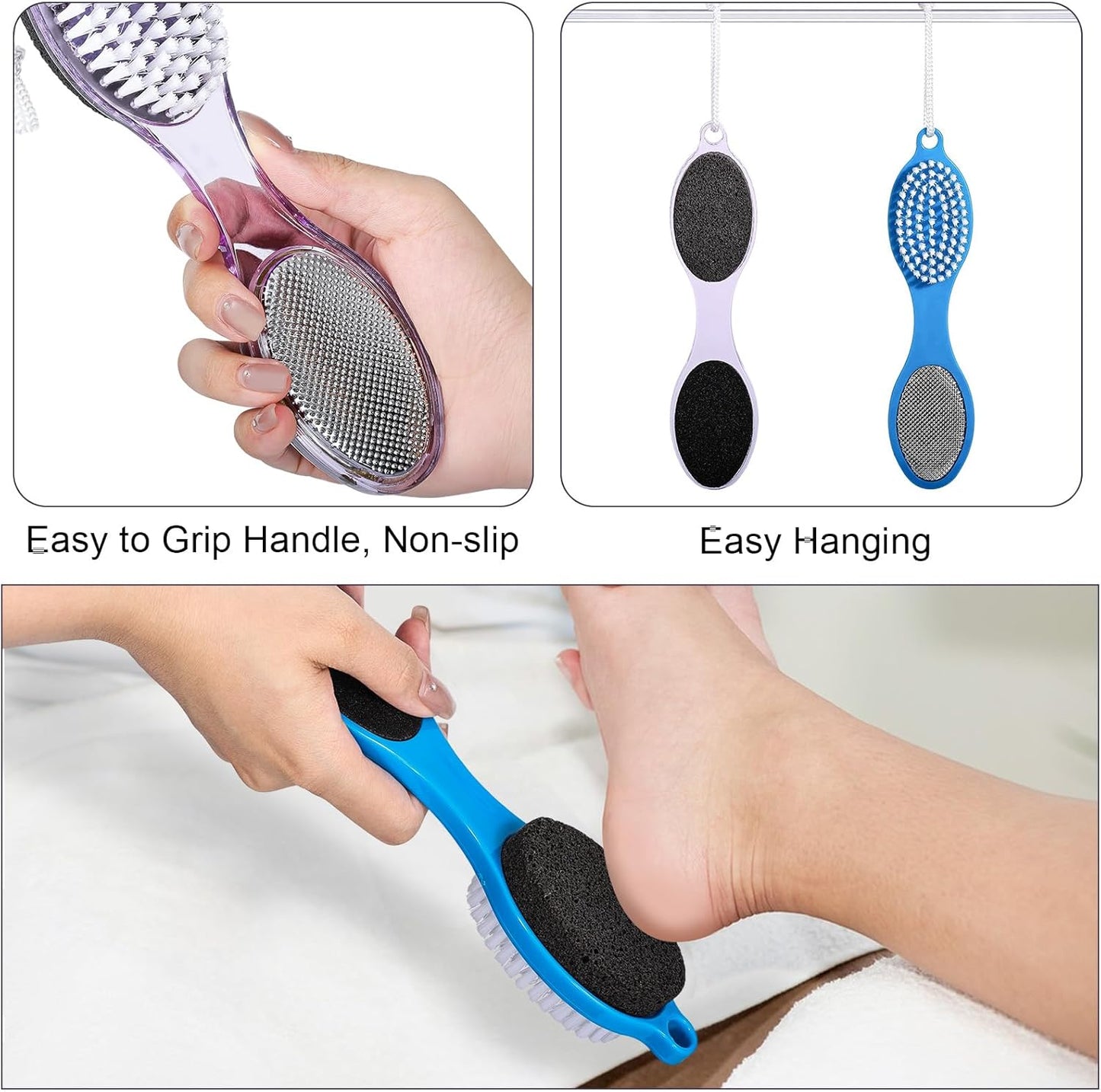 Pumice Stone Brush for Feet 4 in 1, Foot File Callus Remover, Foot Rasp and Sand Paper Pedicure Tools with Handle, Shower Foot Scrubber, Soft Smooth Feet for Home Foot Care,4 Pack