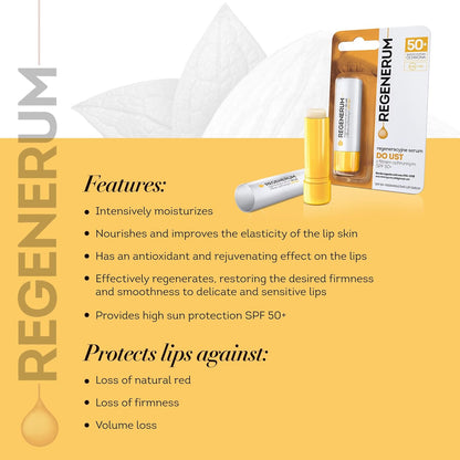 SPF 50+ Regenerating Lip Serum - Sunscreen and Conditioner, Hydrating and Nourishing Vitamin E Prevents Dryness and Pigment Loss - 5g