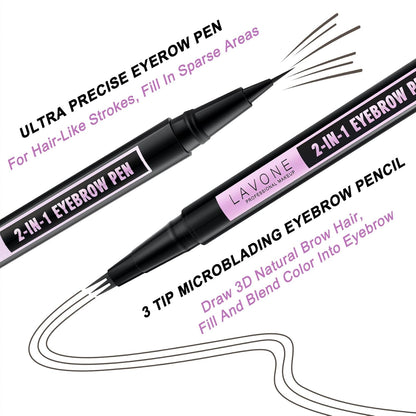 LAVONE Eyebrow Pencil, 2-In-1 Waterproof Eyebrow Pen, with 3 Tip Microblading Eyebrow Pen and Ultra-Precise Brow Pencil, Dual-ended Eyebrow Brush, for Eyebrow Makeup - Medium Brown