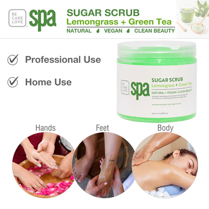Be Care Love Spa Sugar Scrub Lemongrass + Green Tea to moisturize, detoxify and purify skin for acne-prone, oily, or damaged skin.16 oz