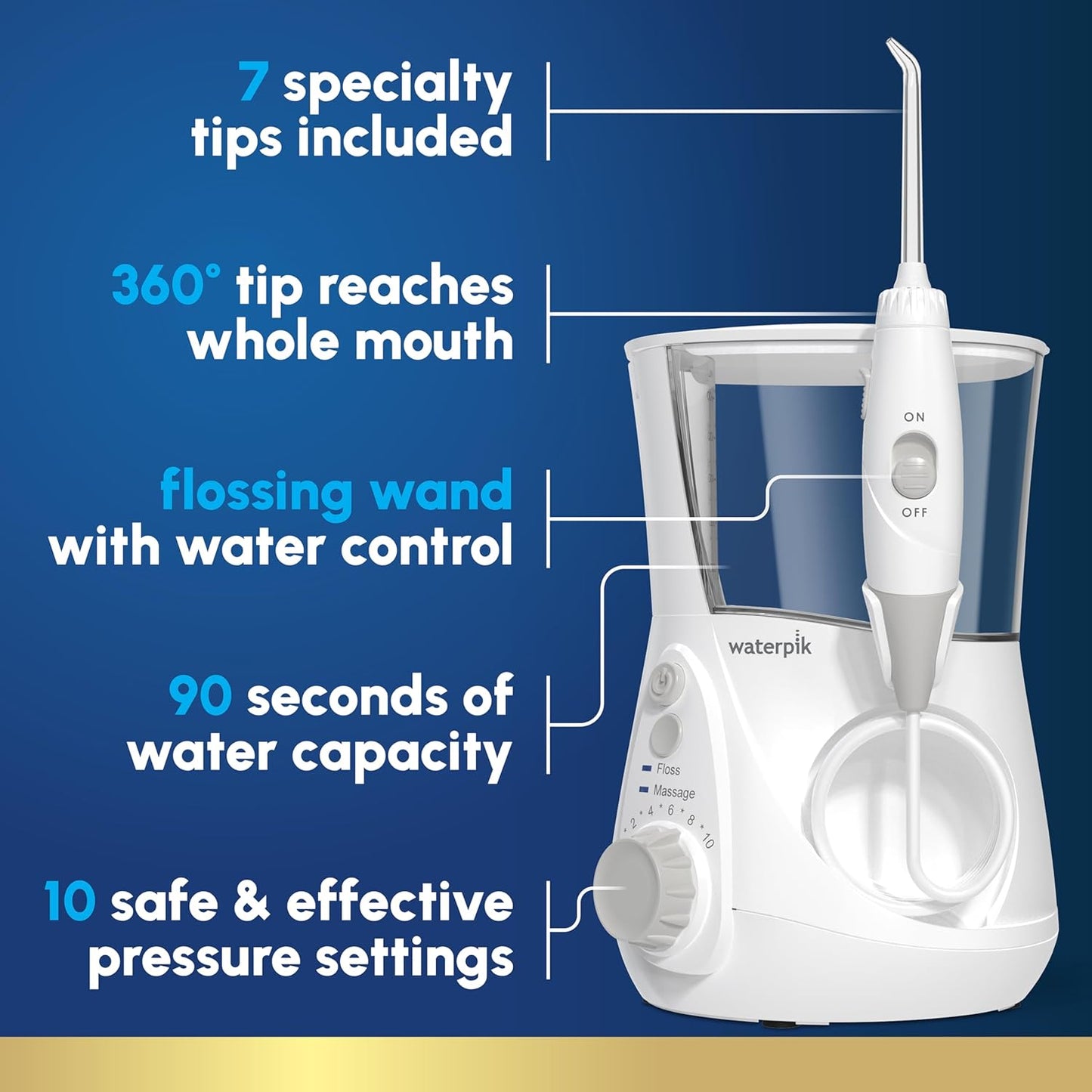Waterpik Aquarius Water Flosser For Teeth Cleaning, Gums, Braces, Dental Care, Electric Power With 10 Settings, 7 Tips For Multiple Users And Needs, ADA Accepted, White WP-660, Packaging May Vary