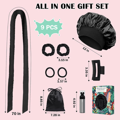 Satin Heatless Curls Overnight Hair Curlers to Sleep In Hair Curler Rollers No Heat Hair Wrap for Curls Headband, 70" Satin Heatless Curling Rod Set for Women Long Waves Hair Volume -Black 9PCS