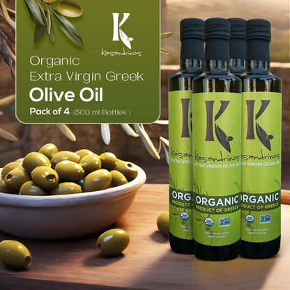 Kasandrinos Organic Olive Oil Extra Virgin, Polyphenol Rich Greek Olive Oil, 100% Organic First Cold Pressed, Mild + Delicate Flavor, Verified by Non GMO, 500 ml / 16.9 oz (Pack of 4)