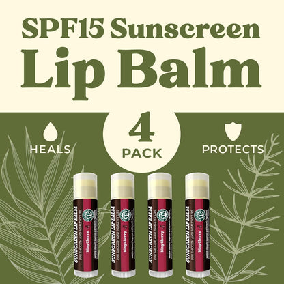 Earth's Daughter SPF Lip Balm Cherry Flavor 4-Pack - Lip Sunscreen, SPF 15, Organic Ingredients, Beeswax, Coconut Oil, Vitamin E - Hypoallergenic, Paraben Free, Gluten Free