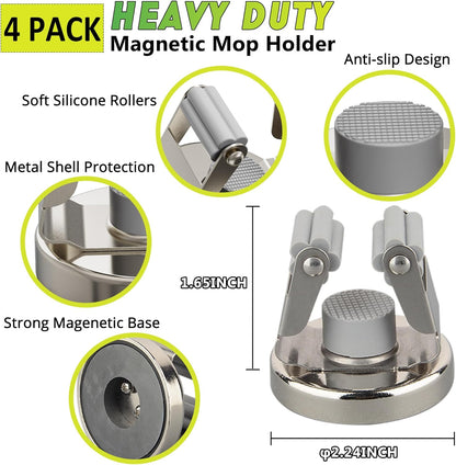 ULIBERMAGNET Magnetic Mop Broom Holder,Heavy Duty Movable Magnetic Tools Holder,Anti-slip Magnetic Mounted Utility Storage Mop Shovel Hanger for Garage, Kitchen, Laundry, Garden(4 Pack/Silver)