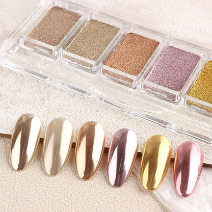 6 Colors Solid Chrome Nail Glitter Powder Set Metallic Mirror Chrome Powder for Nails, Gold Rose Gold Champagne Mutil Colors Palette Nail Pigment Powder Manicure Nail Art Decorations