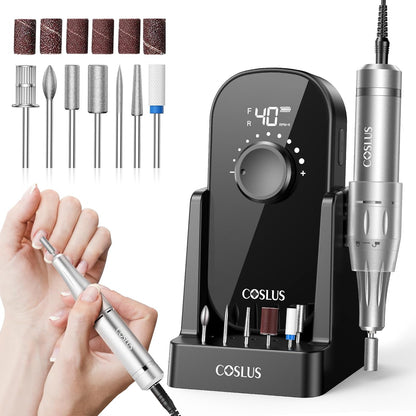 COSLUS Professional Rechargeable Electric Nail Drill 40000 RPM, Portable Nail File with Storage Stand for Acrylic Gel Polishing Removing - Easy to Use for Women, Manicure at Home DIY or Salon, Black