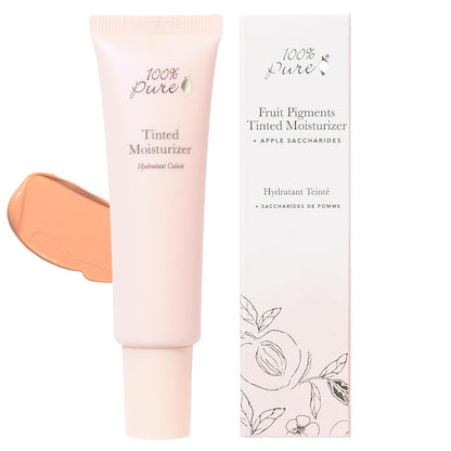 100% PURE Tinted Moisturizer Anti-Aging Face Makeup - Fruit Pigmented Golden Peach Light to Medium Coverage & Dewy Glow - Lightweight Foundation Medium-Tan Skin w/Yellow Undertone - Vegan - 1 Fl Oz
