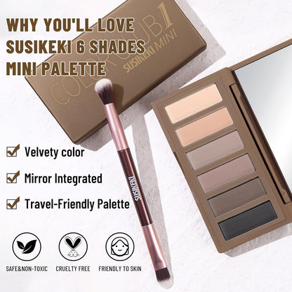 6 Colors Mini Eyeshadow Makeup Palette with Brush Neutral Nude Smoky Eye Shadow Taupe & Brown Matte Make Up Pallet with Mirror Highly Pigmented Long Lasting Waterproof Travel Size Gift Kit
