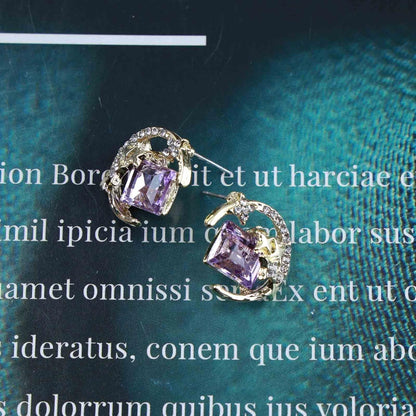 Vintage Purple Crystal Moon Earrings Amethyst Square Stud Earrings Rhinestone Crescent Earrings Gold Cz Star Stud Earrings Jewelry for Women