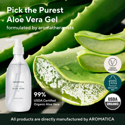 AROMATICA Organic Aloe Vera Gel (2 pack), After Sun Care and Sunburn Relief with Pure Aloe Vera Gel Face&Hair, Sun Burn Moisturizer EWG Verified (10.14oz/300ml)