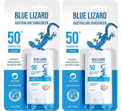 BLUE LIZARD Sensitive Mineral Sunscreen Stick with Zinc Oxide, SPF 50+, Water Resistant, UVA UVB Protection Easy to Apply, Fragrance Free, 0.5 Oz (Pack of 2)