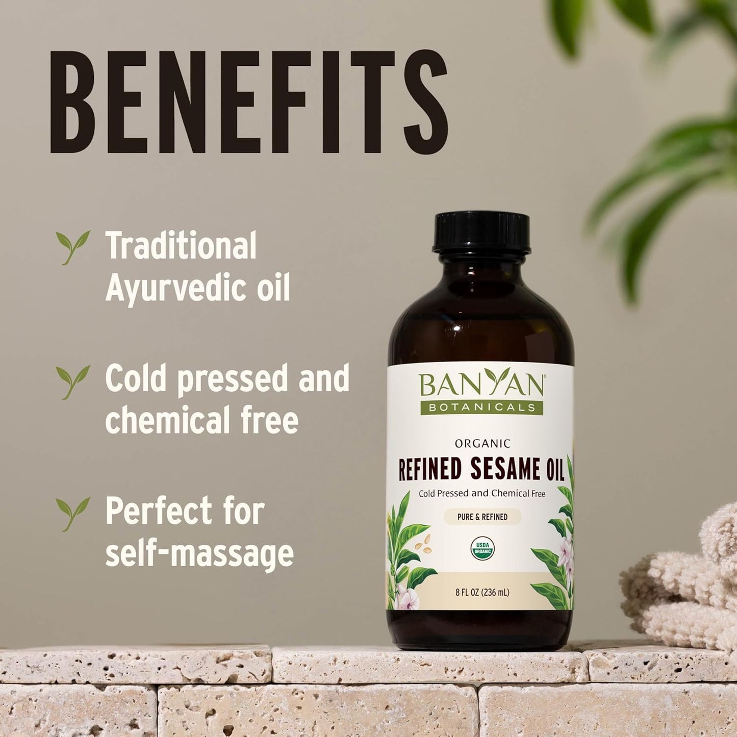 Banyan Botanicals Refined Sesame Oil – Organic Sesame Oil for Skin, Body, Hair & More – Multiple Sizes – 8 oz – Non GMO Sustainably Sourced Vegan