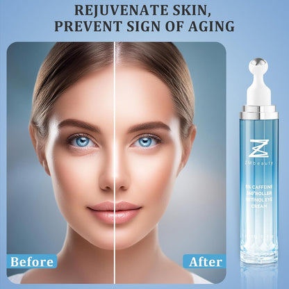 Under Eye Cream with 5% Caffeine, Dark Circles Under Eye Treatment with Retinol, Anti Aging Eye Serum with 360° Massage Roller for Eye Bags, Wrinkles and Puffiness, 0.5 fl. oz