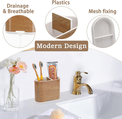 Toothbrush and Toothpaste Holder with Divider for Bathroom Countertop Organizer, 2 Slots Electric Toothbrush Holders Storage Caddy Drainage for Family, Kids(Wood Grain)