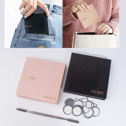 Pink&Black Magnetic Refillable Makeup Palette with Mirror – Lightweight, Durable, Travel-Ready Case for Eyeshadow, Blush, Lipstick – Includes Spatula & 20 Stickers – Small, Waterproof Paperboard