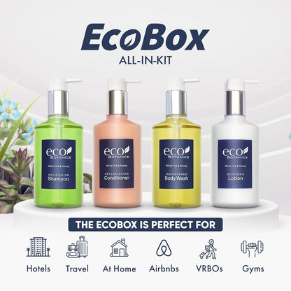 1-Shoppe Eco Botanics 10 Piece Ecobox All-In-Kit | White Tea and Honey Soap | 3 Shampoo, 2 Conditioner, 3 Body Wash & 2 Lotion | 10.14oz Hotel Soaps and Toiletries Bulk | Personal Care Products