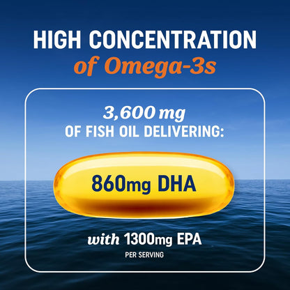 Triple Strength Omega 3 Fish Oil | 3600 mg EPA & DHA | Over 2100mg of Omega 3 Fatty Acids | 1300mg EPA + 860mg DHA | Best Essential Fatty Acids | Premium Burpless Softgel Supplements (120 Ct)