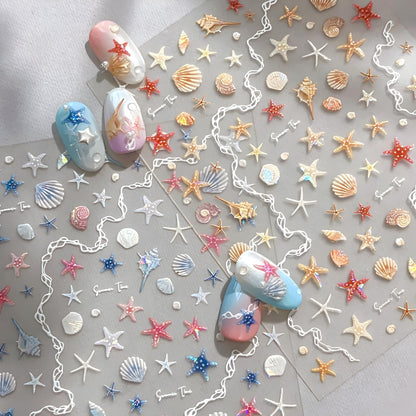 2 Sheets Starfish Nail Stickers for Nail Art 5D Embossed Ocean Nail Decals Summer Nail Stickers Colorful Nail Art Supplies Design Accessories for Women Acrylic Manicure DIY Decoration