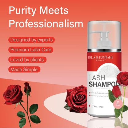 ISLA & FONTANE Lash Shampoo Bulk – Multi-Scent Series – 17 fl oz / 500ml | Gentle Eyelash Cleanser for Lash Extensions | Non-Irritating | Professional Lash Bath Foam For Salon And Home Use (Rose)