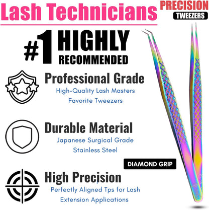 2pcs Curved & Straight Isolation Tweezers for Eyelash Extensions – 14cm Japanese Stainless Steel, Diamond Grip Non Slip Grip, Rainbow Set, Best for Classic & Individual Lashes