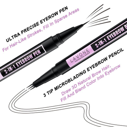 LAVONE Eyebrow Pencil, 2-In-1 Waterproof Eyebrow Pen, with 3 Tip Microblading Eyebrow Pen and Ultra-Precise Brow Pencil, Dual-ended Eyebrow Brush, for Eyebrow Makeup - Dark Grey