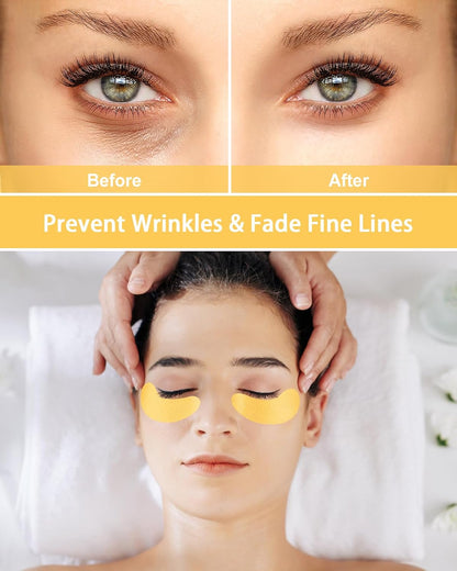 Under Eye Patches Silicone - 2 Pairs Reusable Eye Patches, Eye Wrinkle Patches, Reusable Under Eye Mask, Plump Fine Lines & Wrinkles, with Metal Eye Cream Applicator, Tin Case, Gold