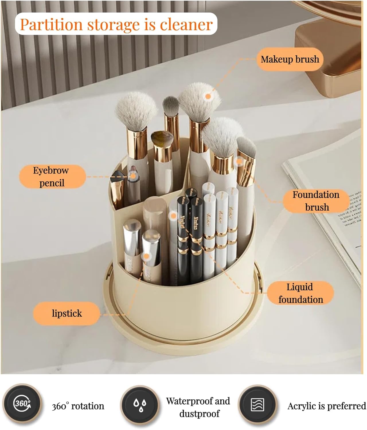 B-H1 Makeup Brush Holder with Dustproof Cover 360 Rotating Makeup Brushes Organizer for Vanity Desktop Bathroom (Gray)
