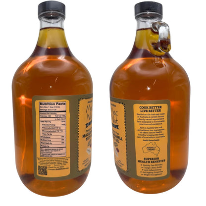 Macadamia Nut Cooking Oil- Australian Pure Cold Pressed Macadamia Nut Oil, Unrefined, Natural Cooking Oil, High Smoke Point Fry Oil, Non GMO, Vegan, Keto Friendly and Gluten Free (64 fl oz)