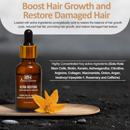 Ultra Restore Hair Growth Serum -Promote Fuller Hair Growth and Reduce Hair Loss, Nurtures Hair Follicle, Hydrates the Scalp, Detox Scalp -Stem Cells, Ashwagandha, Biotin, Keratin