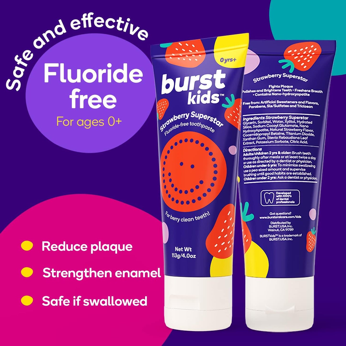 BURST Fluoride Free Strawberry Kids Toothpaste (4oz) | Great Tasting | Dye Free for Baby & Toddler Age 0+ | with Nano Hydroxyapatite