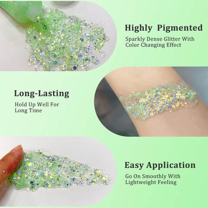 MEICOLY Chameleon Lime Green Body Glitter, Color Changing Mermaid Holographic Glitter Gel for Face, Body, Hair, Festival Party Cheer Makeup