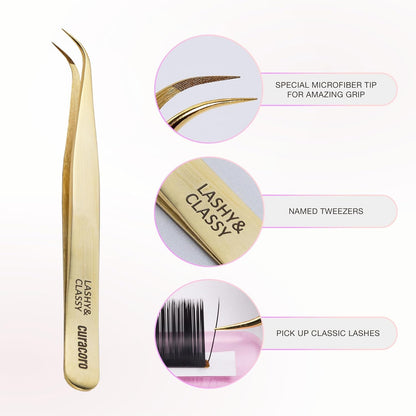Curacoro Lash Tweezer - Professional & Precision Fiber Tip Grip Lash Tweezers for Eyelash Extensions, Multi Shapes & Purposes Tweezers for Volume, Isolation & Classic Lashes (Gold, Lashy and Classy)