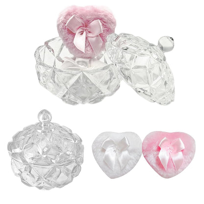Body Powder Puff and Container - Glass Dusting Powder Container with 2 Soft Puffs Vintage Powder Puff Case for Women & Girls (3.94x3.94x4.53 H IN) - GRB012-Transparent