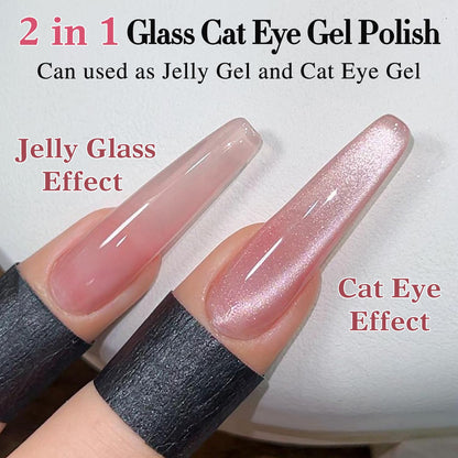 Double Rhythm Jelly Glass Cat Eye Gel Polish with Magnet 15ML Holographic Glitter Shimmer Translucent Sheer Color Magnetic Polish Salon DIY at Home (Jelly Pink Orange-MC1102)