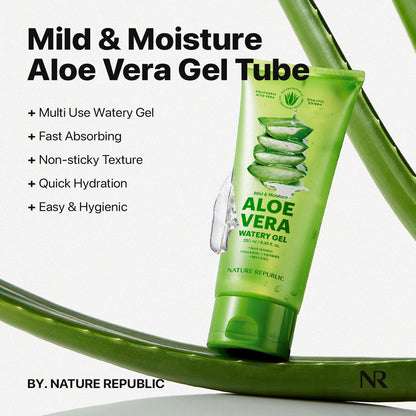 Nature Republic MILD & MOISTURE ALOE VERA WATERY GEL (TUBE 2 pack) Quick Hydration & fast absorbing non-sticky texture, aftersun cooling pack, korean skin care All Skin Types