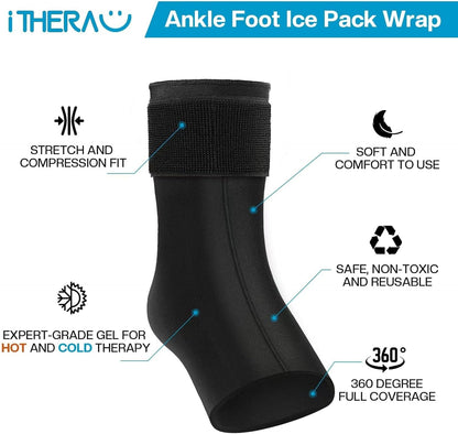 iTHERAU Ankle Ice Pack Wrap, Reusable Gel Hot & Cold Therapy for Foot & Heel Injuries | Achilles Tendonitis, Plantar Fasciitis, Swelling, Sprained, Pain Relief