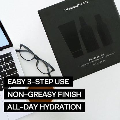 HommeFace Men’s Daily Trio 3-Step Daily Routine Set with Face Wash, Herbal Spray Toner & Moisturizer - Korean Skincare Technology with CICA, Tea Tree Leaf & Witch Hazel Extracts, for All Skin Types