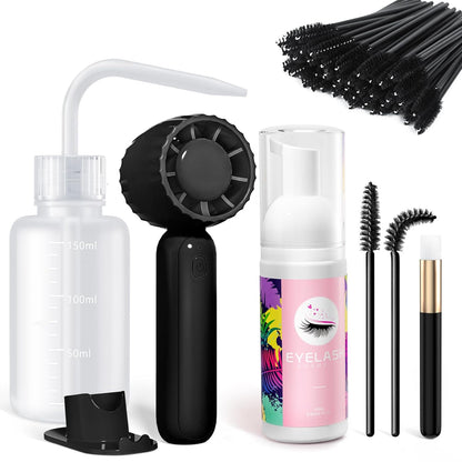 Buqikma Lash Shampoo Kit - Eyelash Extension Cleanser for Extensions 60ML with Rechargeable Handheld Lash Fan Dryer Mascara Brush Rinse Bottle Makeup Cleansing Foam for Lash Care