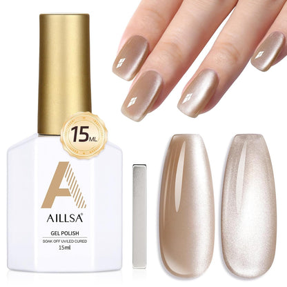 AILLSA Cat Eye Gel Nail Polish Champagne Gold Crystal Polish with Magnet, Jelly Glitter Glass Nail Polish Reflective Sparkle Translucent Shimmer Color U V Gel Salon DIY at Home 0.5 OZ GF29