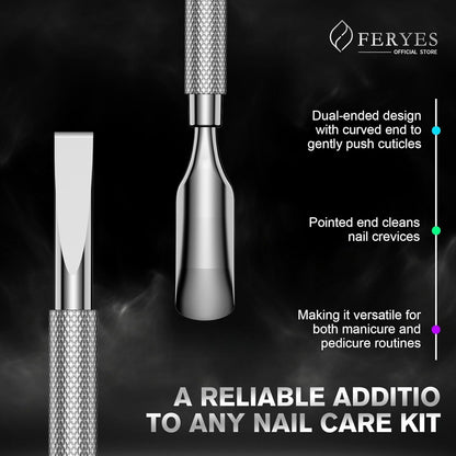 FERYES Professional Cuticle Pusher & Remover Tool - Stainless Steel Dual-Sided Nail Care Tool for Manicure & Pedicure - 5.2 Inch Salon & Home Use