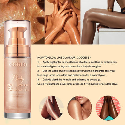 Corlo Body Shimmer Oil Liquid Glitter Face Luminizer Glow Highlighter Waterproof Long Lasting Moisturizing Luminizer FaceProm Party Makeup Brush Include(Rose Gold, Body Oil)