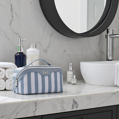 BOYATU Travel Makeup Bag for Women: Large Cosmetic Bag Set of 3 - PU Leather Make up Bag with Compartments - Compact Waterproof Toiletry Bag with Divider & Handle (A-02Blue)