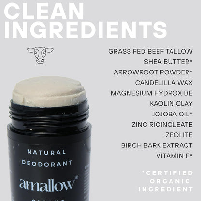 Amallow - Natural Deodorant – Aluminum Salt-Free, Tallow-Based, Baking Soda-Free, with Magnesium & Zinc – Long-Lasting Odor Protection – Handcrafted in the USA – 2.6 oz (Unscented)