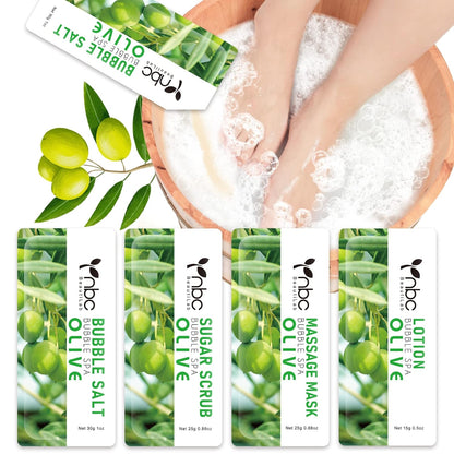 Pedicure Kit Foot Soak Set: Bubble Salt, Sugar Scrub, Massage Mask, Massage Lotion in a Box, 4 Step Foot Spa Kit for Dry Feet,Tired Feet (1 Set Olive)