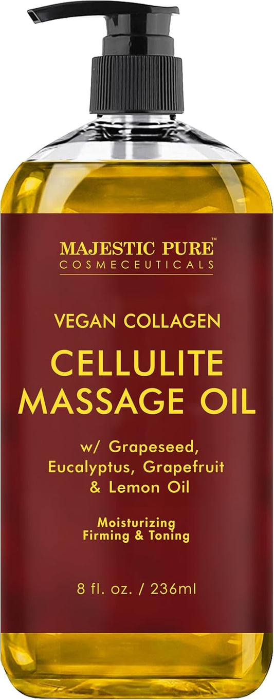 Majestic Pure Anti Cellulite Massage Oil for Massage Therapy - Refreshing, and Relaxing - Natural Oils with Vegan Collagen, Stem Cells & Cellulite Cream - All Skin Types - Men and Women - 8 fl oz