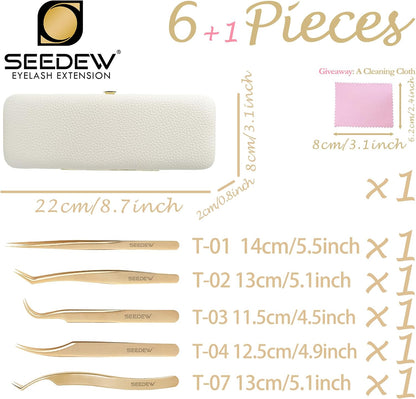 Tweezers Box Set, 5 PCS Isolation Pointy Precision Professional Stainless Tweezers with a PU Storage Case, Organizer Kit for Eyelash Extension, Beginner Lash Tech, Crafts Repair(White, Golden)