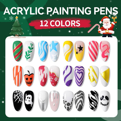 Born Pretty 12 Colors Nail Art Pens Set, Halloween Black White Orange Purple Colors 3D Acrylic Nail Polish Pens Quick Dry Nail Markers for Halloween Drawing Painting Dotting Pen DIY Manicure Tools