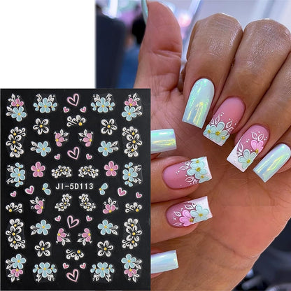 Acrylic Flowers for Nails 4 Sheets 5D Embossed Floral Nail Decals Colorful Flowers Nail Stickers, Gold Strip Lines Swirls French Tip Nail Stickers, Daisy Butterfly Stickers Pegatinas Uñas